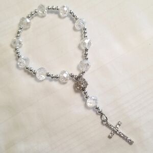 Silver Cross Rhinestone Glass Prayer Beads Rosary